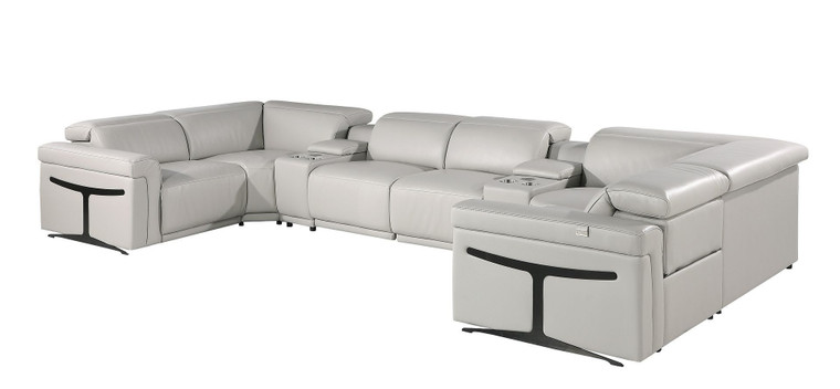 Light Gray Italian Leather Power Reclining U Shaped Eight Piece Corner Sectional With Console Modern Style
