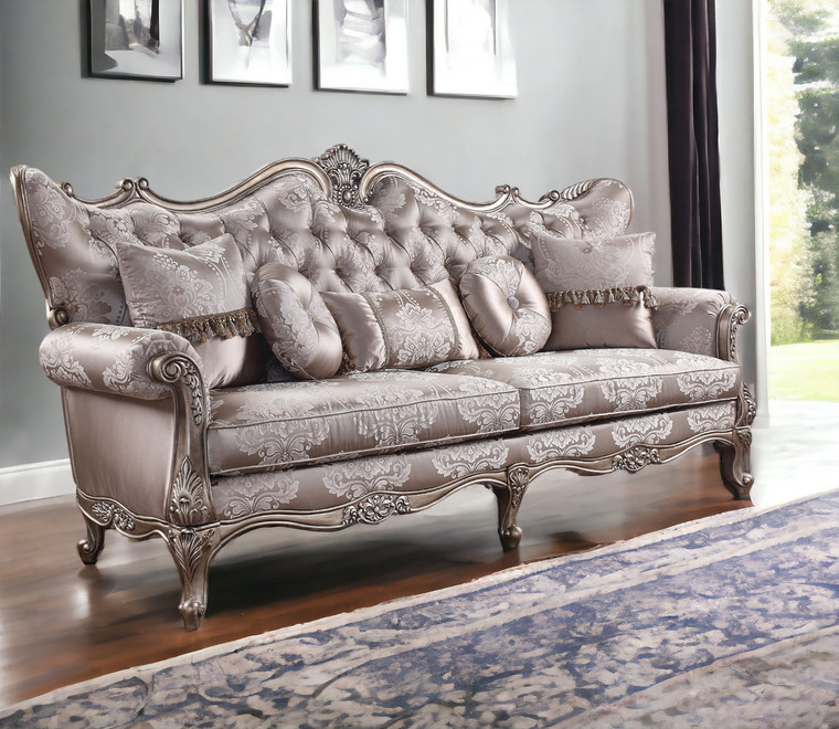 94" Dark Gray Imitation Silk Damask Sofa And Toss Pillows With Champagne Legs