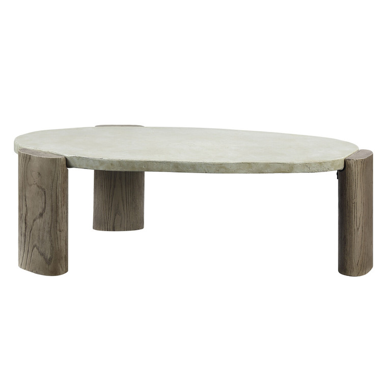 47" Beige and Oak Distressed Cement Oval Coffee Table