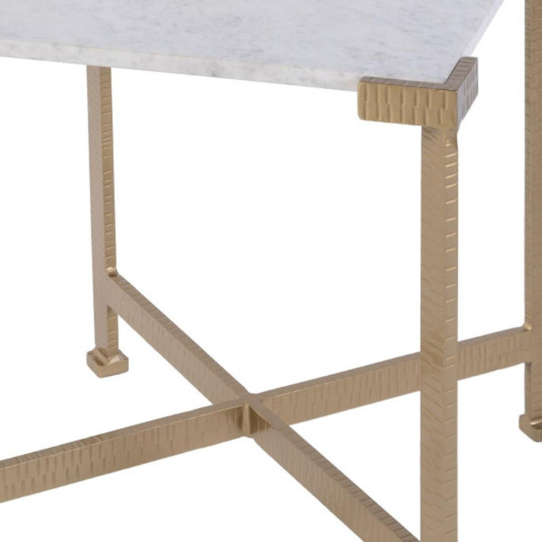 20" White and Gold Distressed Marble and Iron Square End Table