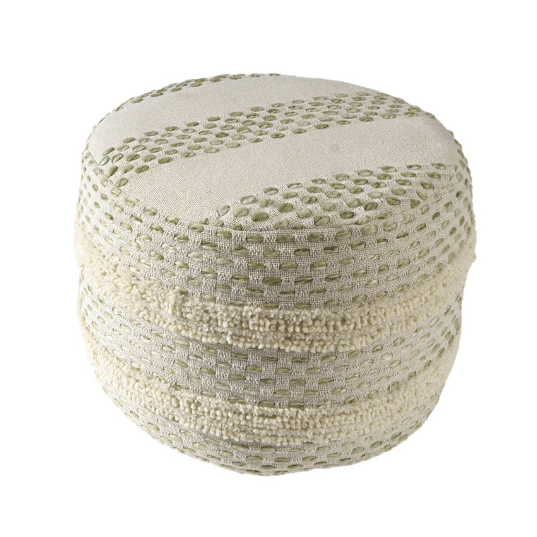 18" Ivory And Green Cotton Blend Round Striped Pouf Ottoman