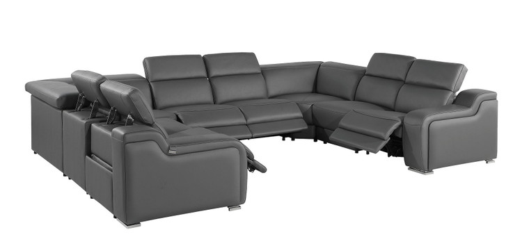 Dark Gray Italian Leather Power Reclining U Shaped Eight Piece Corner Sectional With Console Modern Style