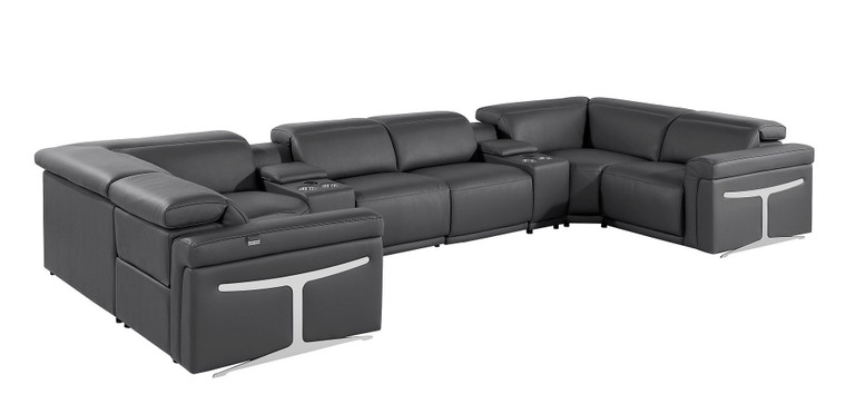 Dark Gray Italian Leather Power Reclining U Shaped Eight Piece Corner Sectional With Console Home Accent