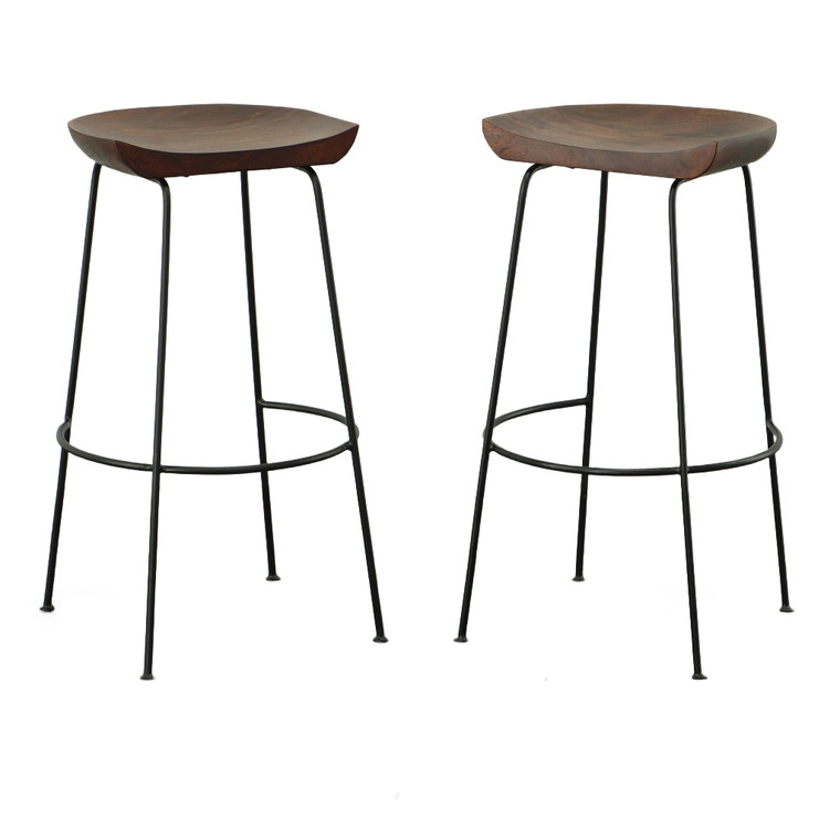 Set of Two 31" Chestnut and Black Solid Wood and Steel Backless Bar Height Bar Chairs