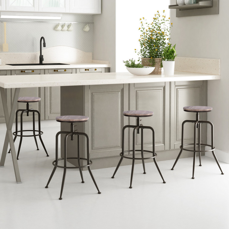Set of Two Walnut and Black Wood and Iron Backless Adjustable Height Swivel Bar Chairs