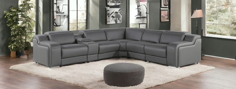 Dark Gray Italian Leather Power Reclining L Shaped Six Piece Corner Sectional With Console