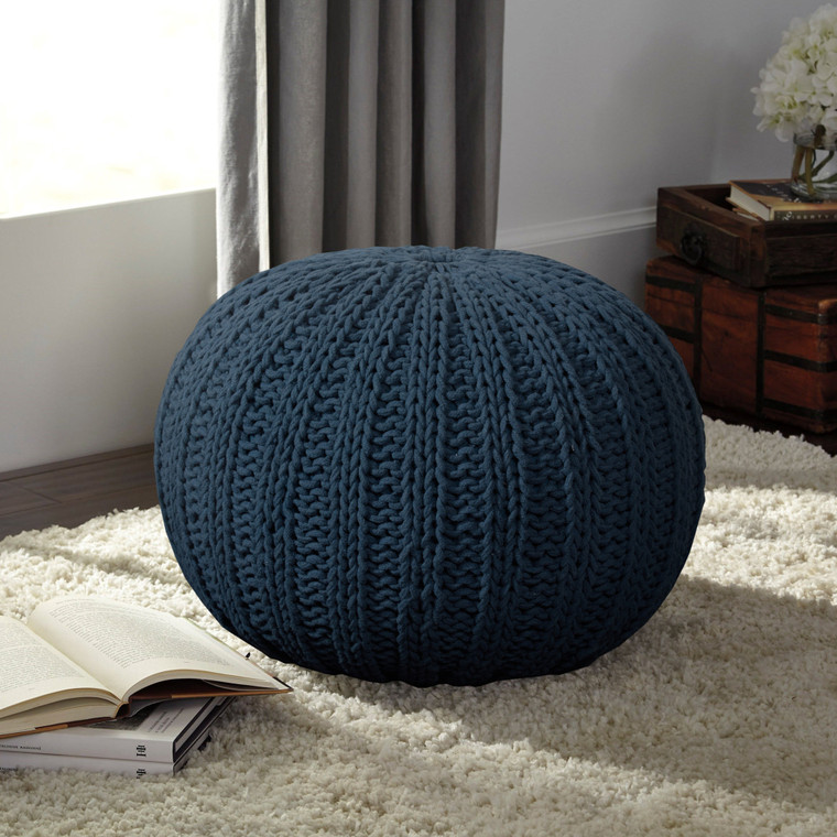 20" Blue Cotton Round Pouf Ottoman