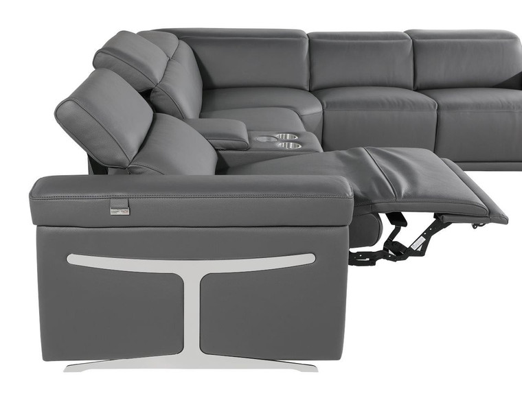 Gray Italian Leather Modular L Shaped Seven Piece Corner Sectional With Console