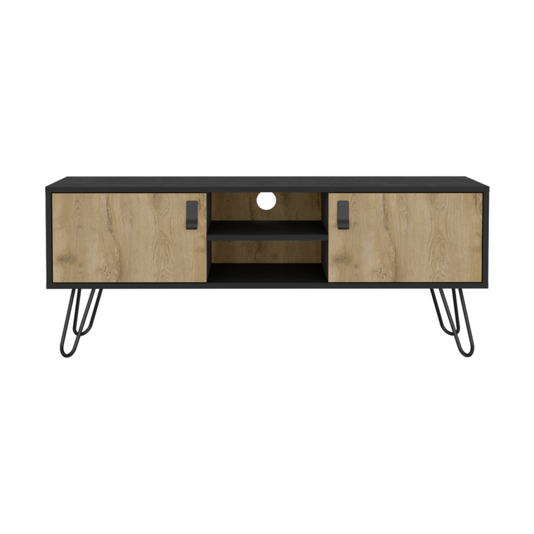 48" Beige and Black Cabinet Open And Enclosed Storage TV Stand