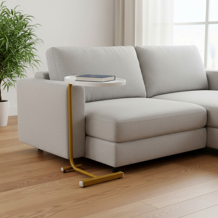 Set of Two White and Gold Faux Marble and Metal Oval End Tables