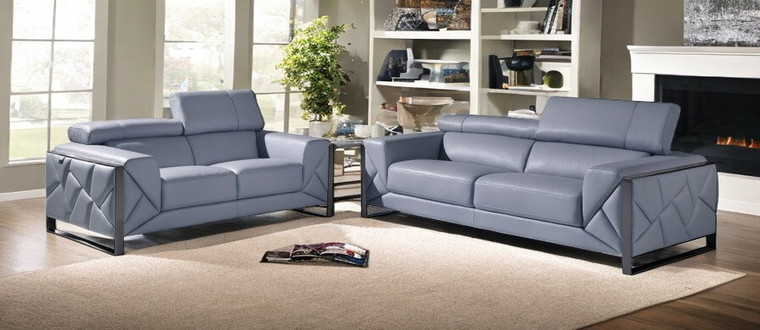 Two Piece Indoor Light Blue Italian Leather Five Person Seating Set - 606114781707