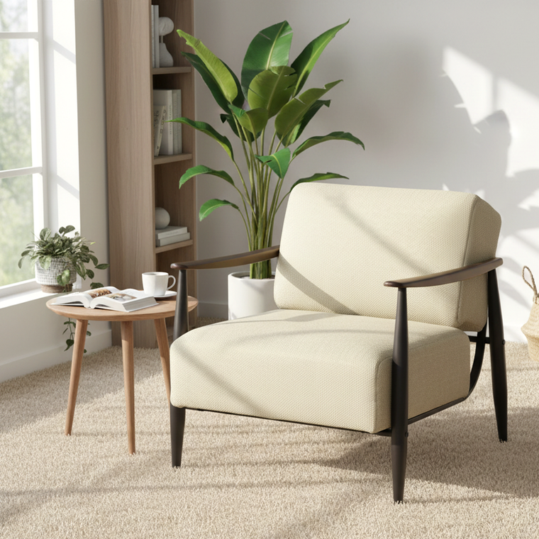 28" Beige Black and Natural Upholstered Cushion and Solid Wood Arm Chair