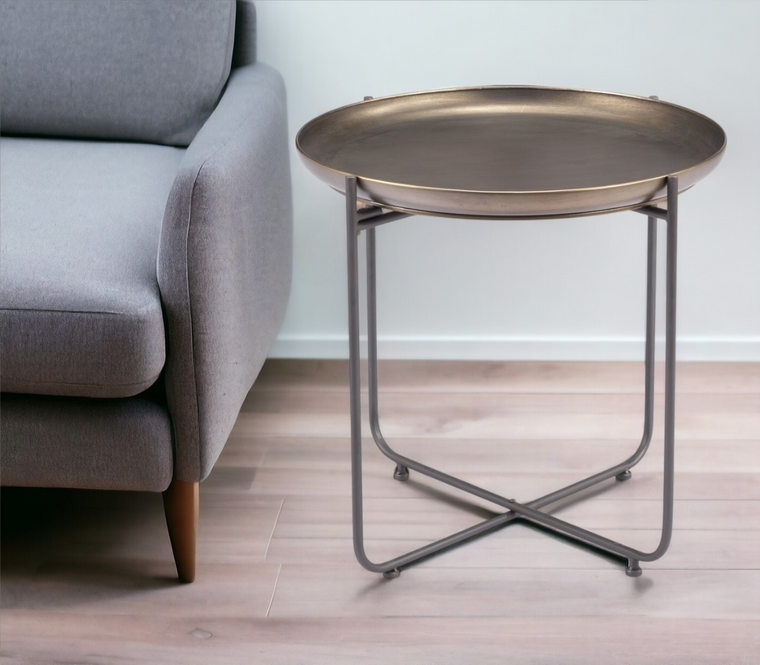 21" Bronze and Gray Steel Round Cross Legs End Table