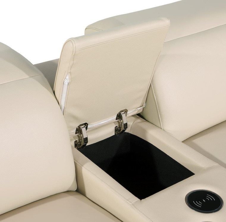 Beige Italian Leather Modular L Shaped Seven Piece Corner Sectional With Console