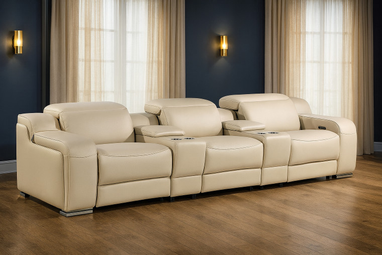 129" Beige Italian Leather Reclining USB Sofa