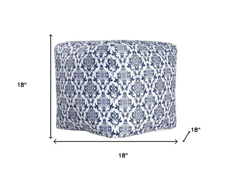 18" Blue and White Upholstered Floral Pouf Ottoman