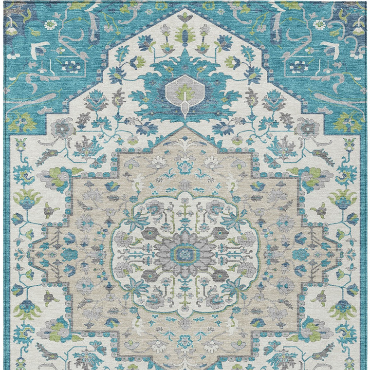 9' X 12' Teal Blue Green And Ivory Oriental Washable Indoor Outdoor Area Rug