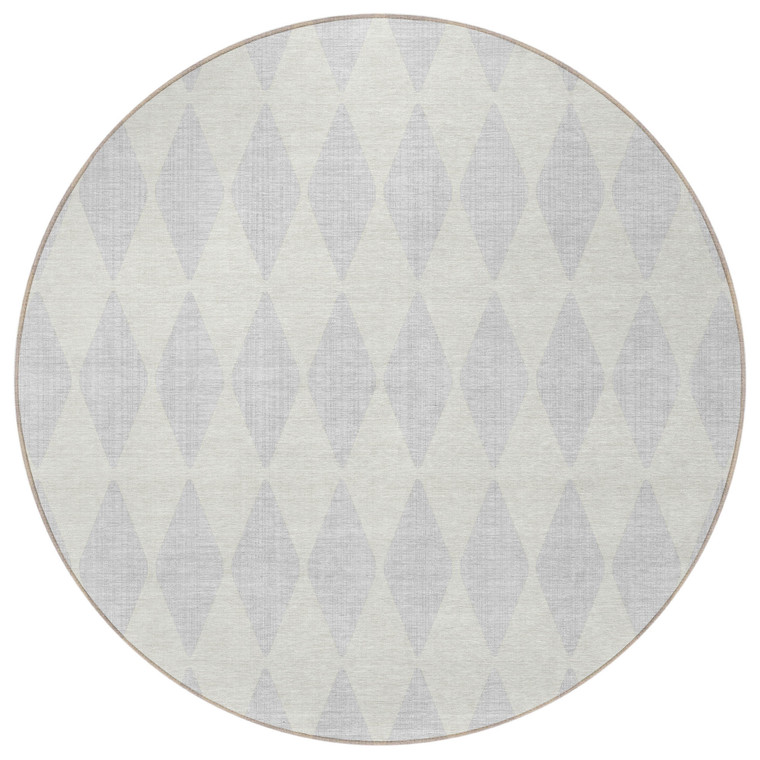 8' Silver And Ivory Round Geometric Washable Indoor Outdoor Area Rug