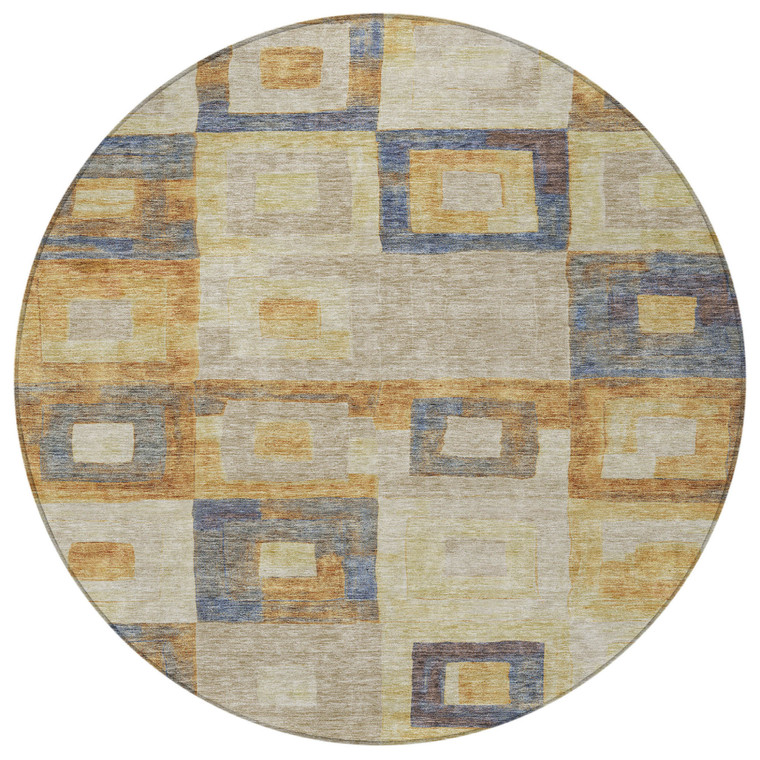 8' Linen Blue And Copper Round Geometric Washable Indoor Outdoor Area Rug