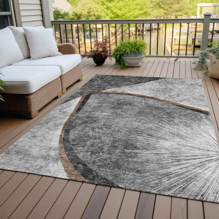 10' X 14' Gray Chocolate And Silver Abstract Washable Indoor Outdoor Area Rug