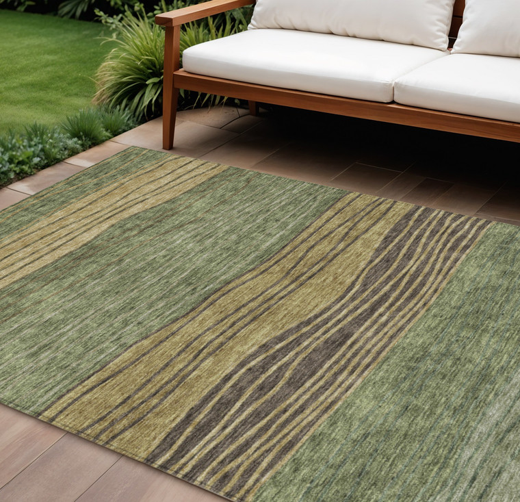 10' X 14' Olive Green And Chocolate Striped Washable Indoor Outdoor Area Rug