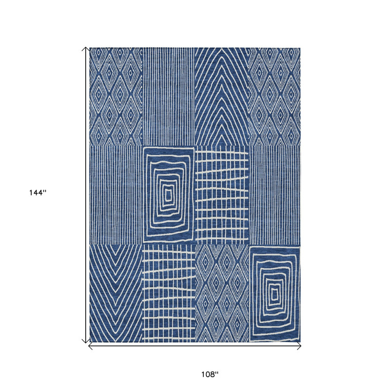 9' X 12' Navy Blue And Ivory Geometric Washable Indoor Outdoor Area Rug Transitional Style - Navy Blue, Ivory Color