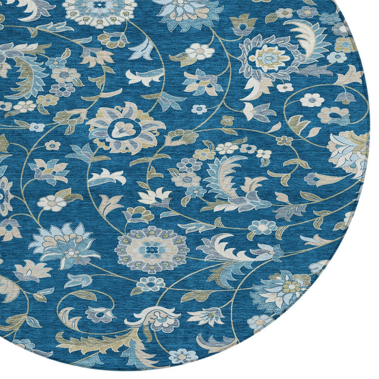 8' Navy Blue Ivory And Gray Round Floral Washable Indoor Outdoor Area Rug