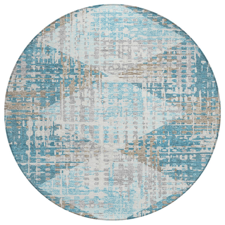 8' Teal Blue And Beige Round Geometric Washable Indoor Outdoor Area Rug - 880016549348