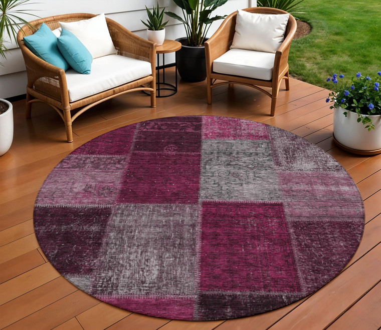 8' Merlot Burgundy And Gray Round Patchwork Washable Indoor Outdoor Area Rug