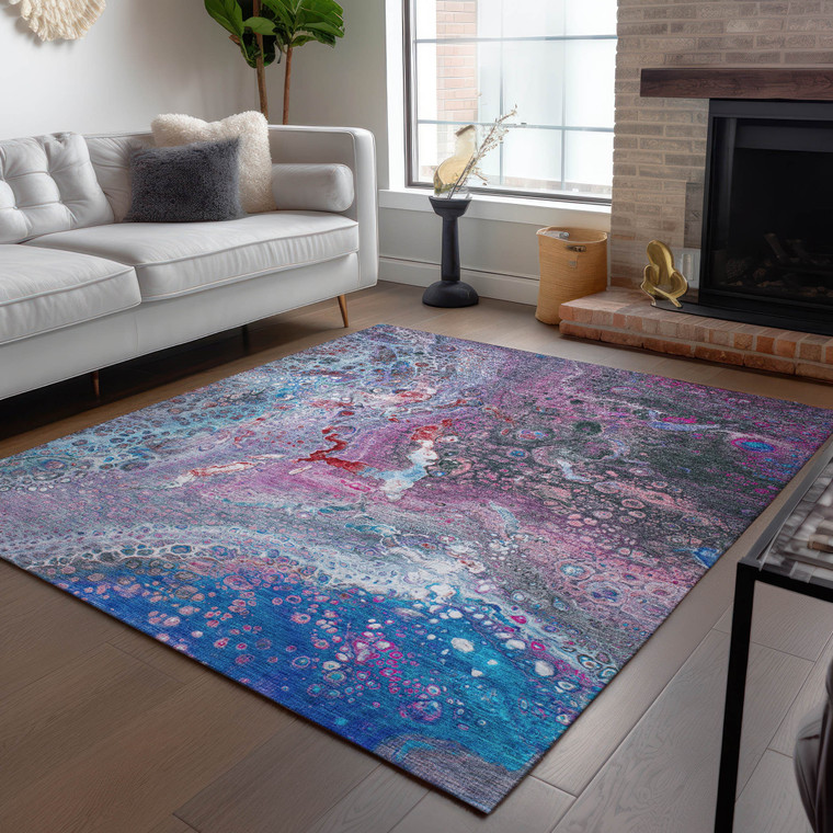 8' X 10' Sky Blue And Purple Abstract Washable Indoor Outdoor Area Rug