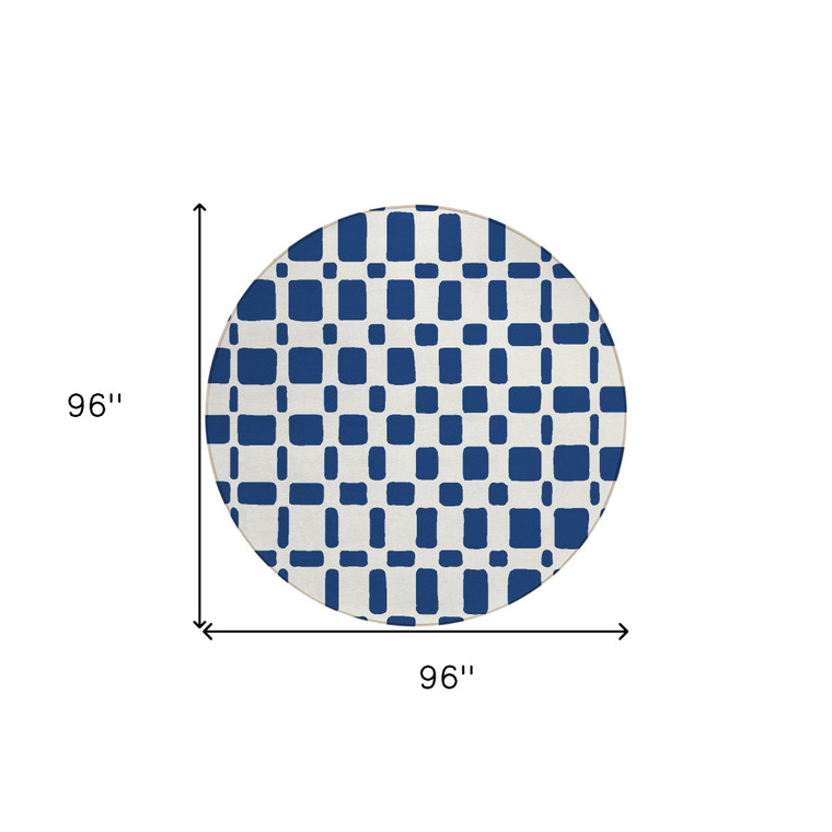 8' Navy Blue And Ivory Round Geometric Washable Indoor Outdoor Area Rug Transitional Style - Navy Blue, Ivory Color