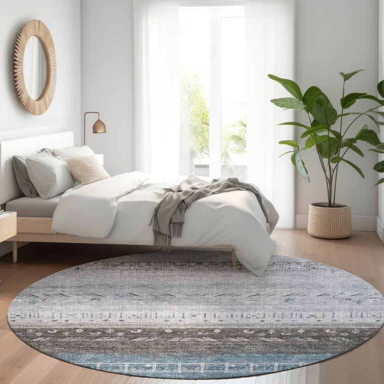 8' Blue Gray And Charcoal Round Southwestern Washable Indoor Outdoor Area Rug