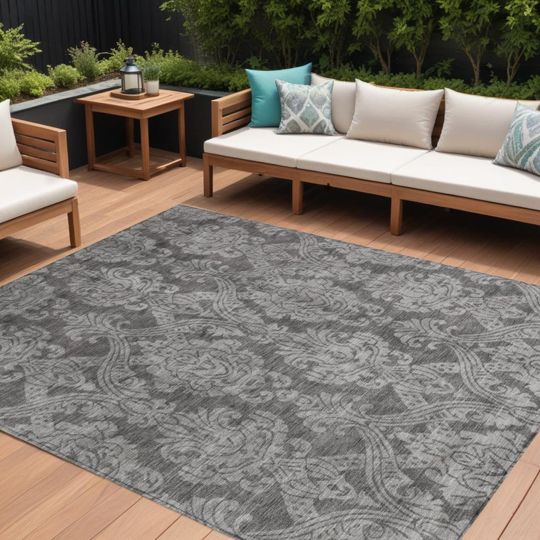 8' X 10' Gray And Pewter Damask Washable Indoor Outdoor Area Rug