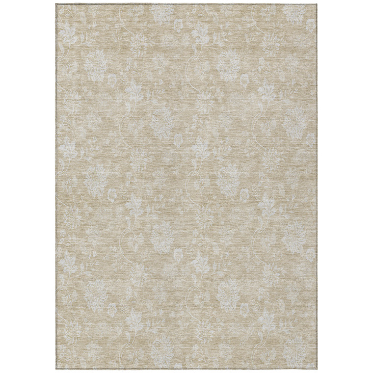 8' X 10' Beige Tan And Ivory Floral Washable Indoor Outdoor Area Rug - Beige, Tan, Ivory