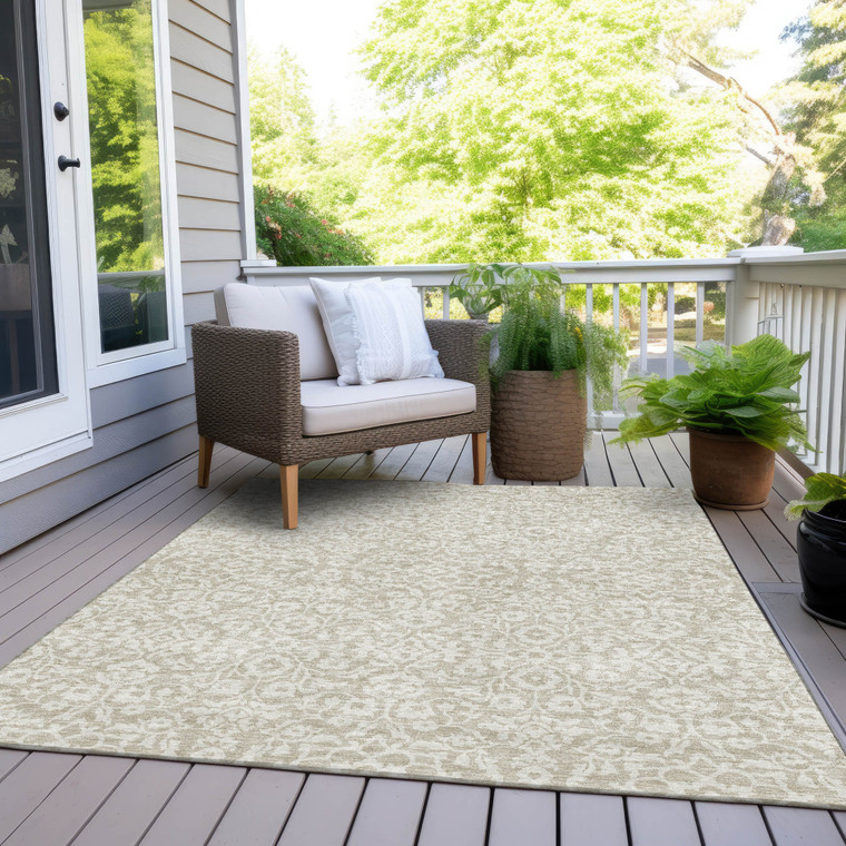 10' X 14' Beige And Ivory Damask Washable Indoor Outdoor Area Rug