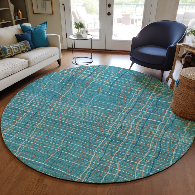 8' Teal Blue Gray And Brown Round Striped Washable Indoor Outdoor Area Rug