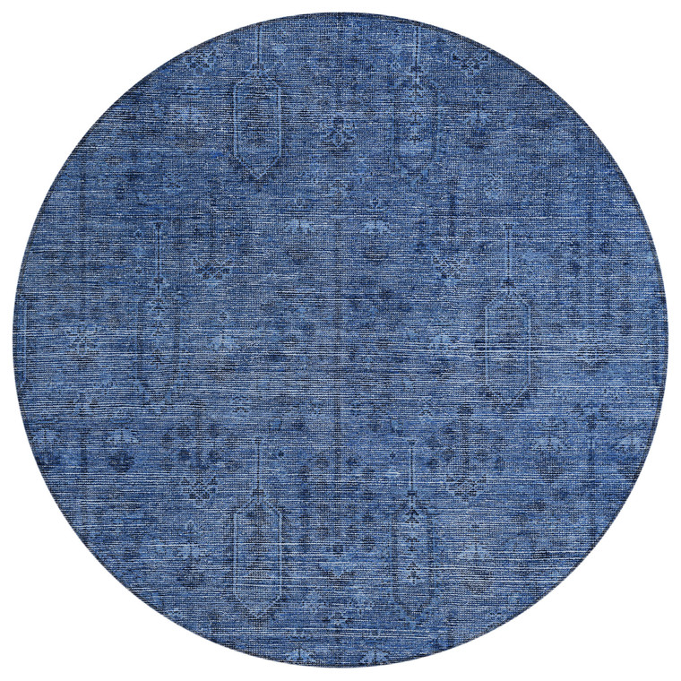 8' Navy Blue And Blue Round Southwestern Washable Indoor Outdoor Area Rug