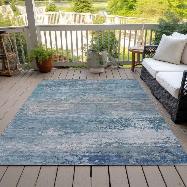 8' X 10' Sky Blue And Gray Abstract Washable Indoor Outdoor Area Rug