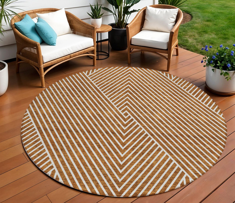 8' Terra Cotta And Ivory Round Geometric Washable Indoor Outdoor Area Rug - Terra Cotta, Ivory