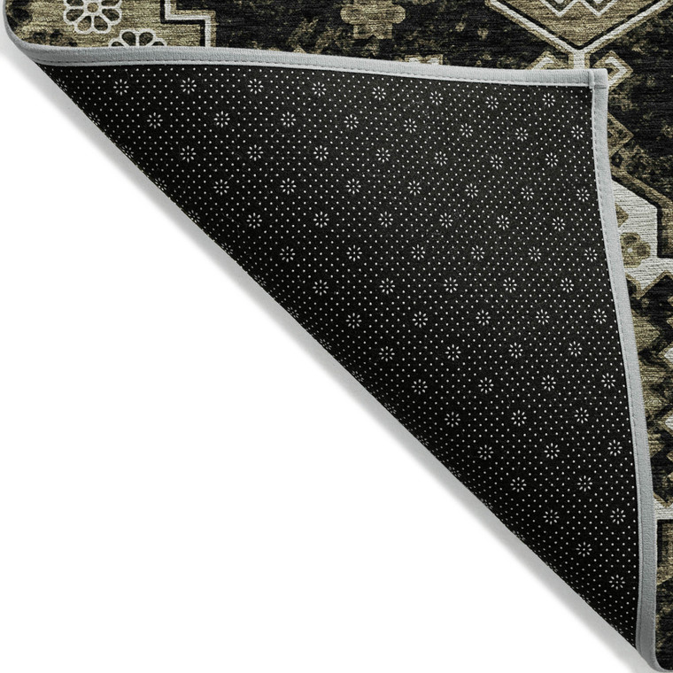 9' X 12' Black Ivory And Taupe Medallion Washable Indoor Outdoor Area Rug