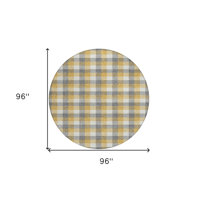 8' Gray Tan And Beige Round Plaid Washable Indoor Outdoor Area Rug