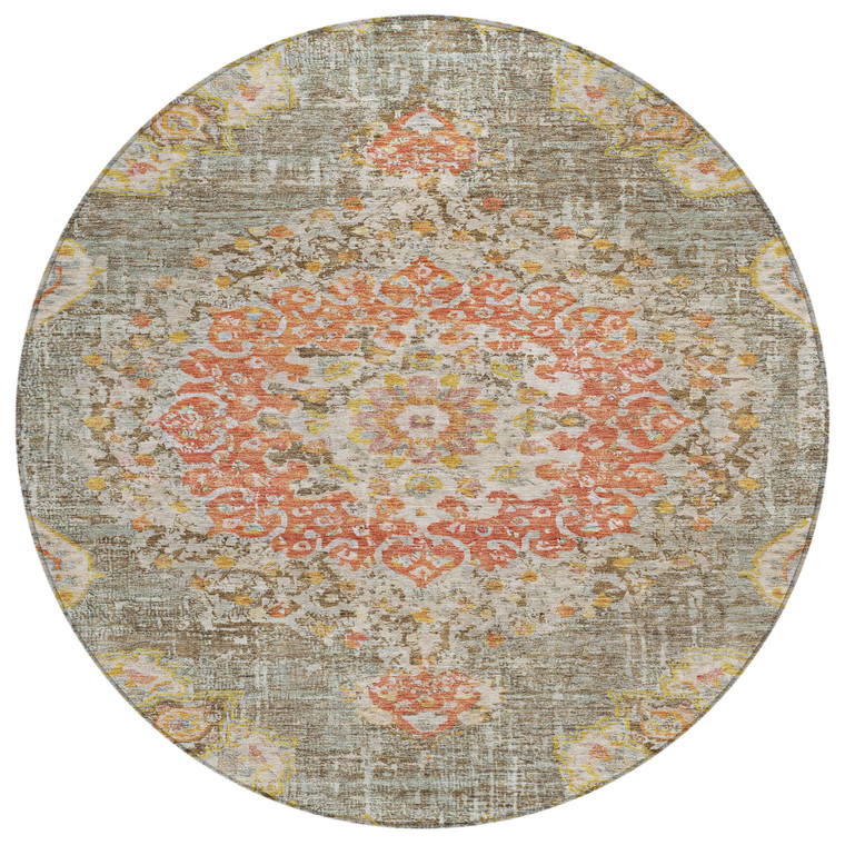 8' Brown Round Floral Medallion Washable Indoor Outdoor Area Rug