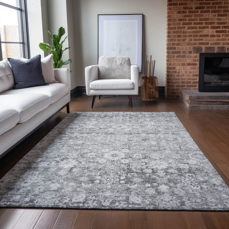 10' X 14' Silver Gray And Pewter Oriental Washable Indoor Outdoor Area Rug