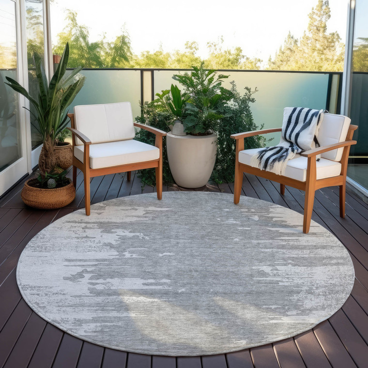 8' Silver Gray And Ivory Round Abstract Washable Indoor Outdoor Area Rug Transitional Style - Silver, Gray, Ivory Color