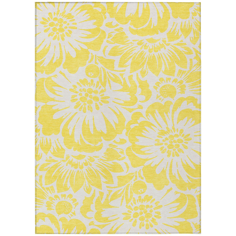 10' X 14' Yellow and Ivory Floral Washable Non Skid Indoor Outdoor Area Rug