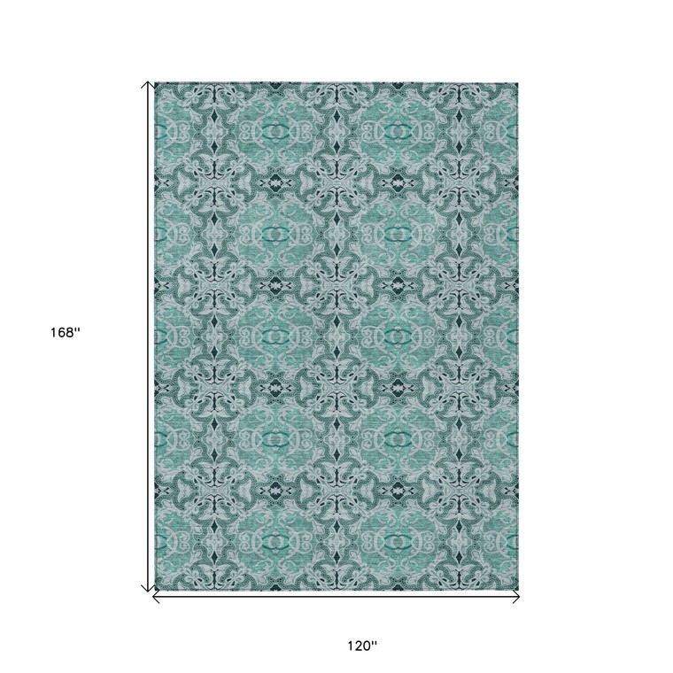 10' X 14' Teal Blue And Aqua Medallion Washable Indoor Outdoor Area Rug