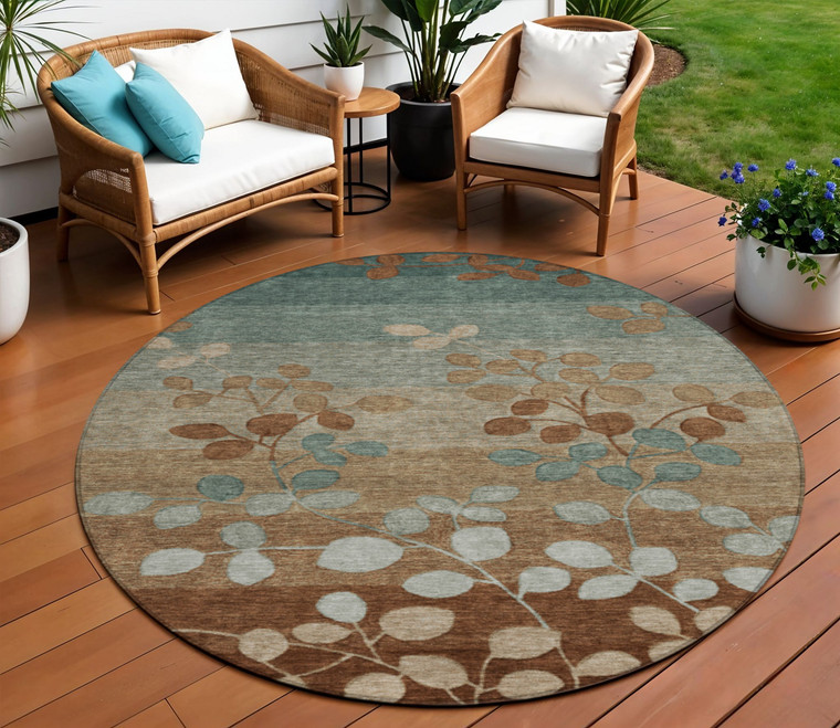 8' Brown And Teal Blue Round Floral Washable Indoor Outdoor Area Rug