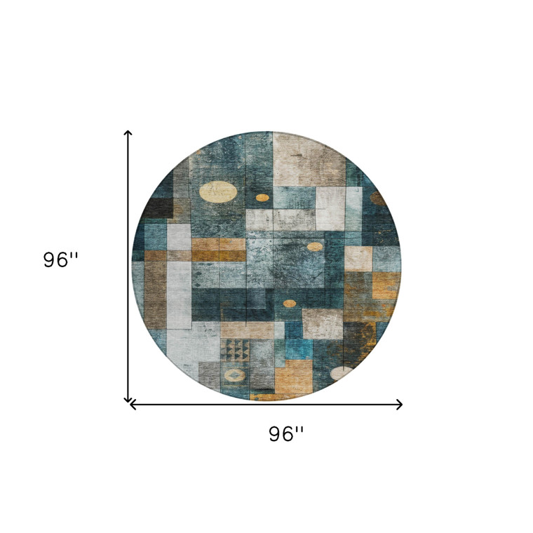 8' Teal Blue Gray And Gold Round Geometric Washable Indoor Outdoor Area Rug