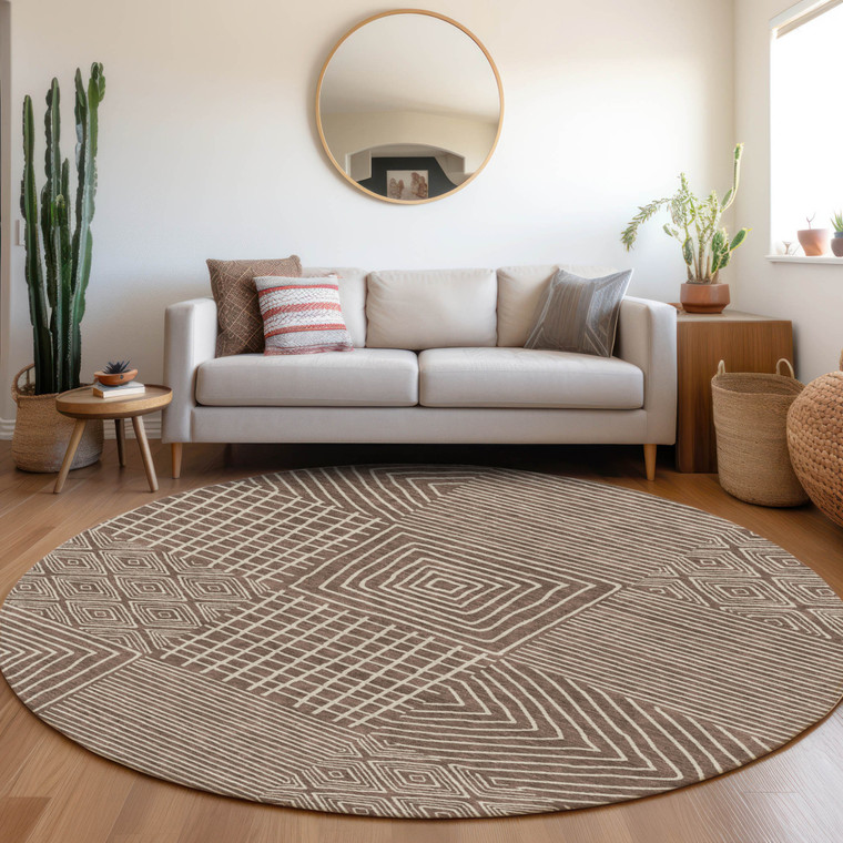 8' Brown And Ivory Round Geometric Washable Indoor Outdoor Area Rug Transitional Style - Brown, Ivory Color