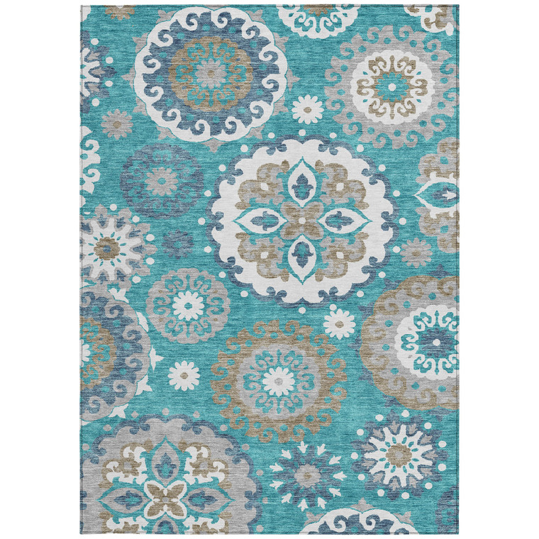 10' X 14' Teal Blue Taupe And Gray Floral Medallion Washable Indoor Outdoor Area Rug